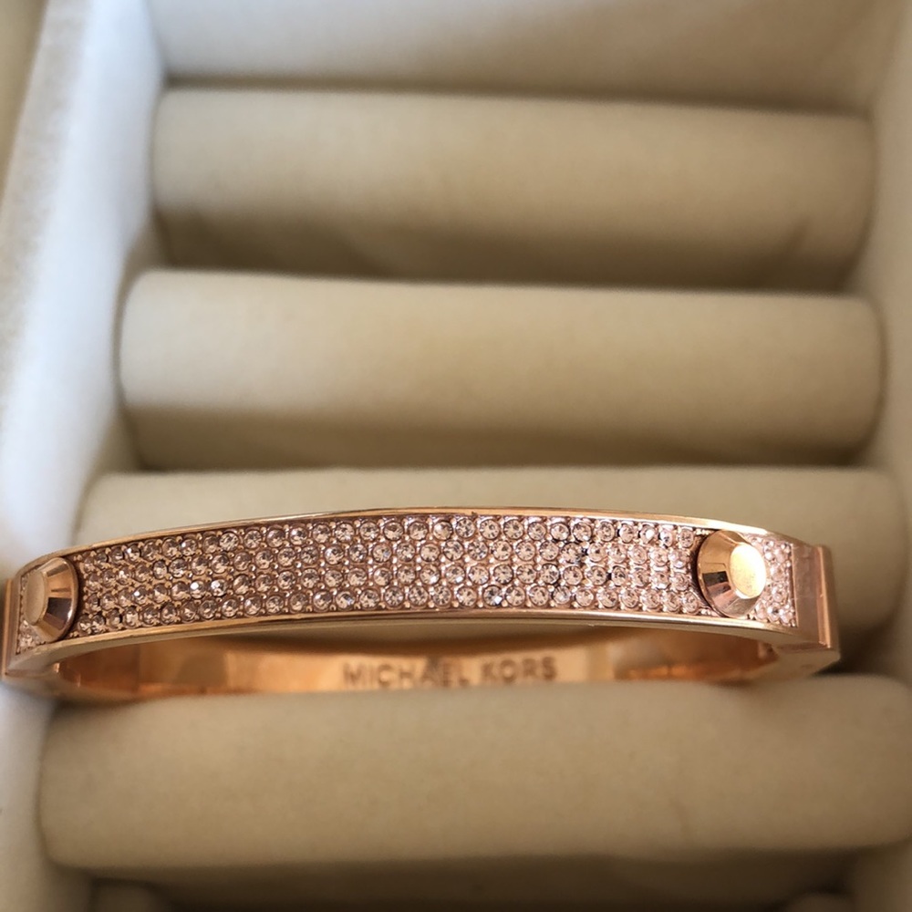 Michael Kors Rose Gold Crystal Bracelet 6.75β Chunky Heavy Statement Bling - Picture 4 of 5